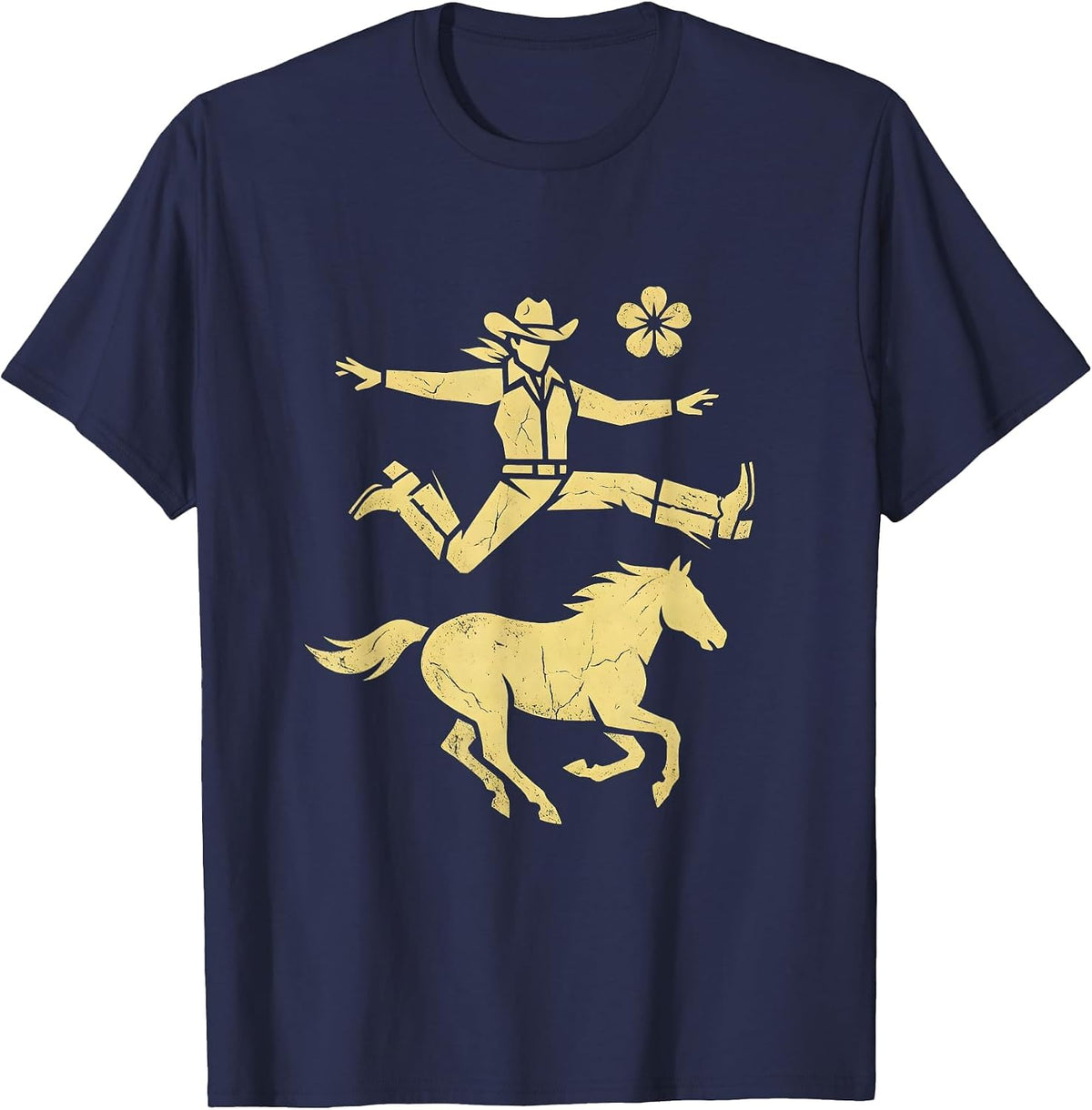 Cowgirl Mid-Leap Off Moving Horse Graphic T-Shirt - Navy Blue