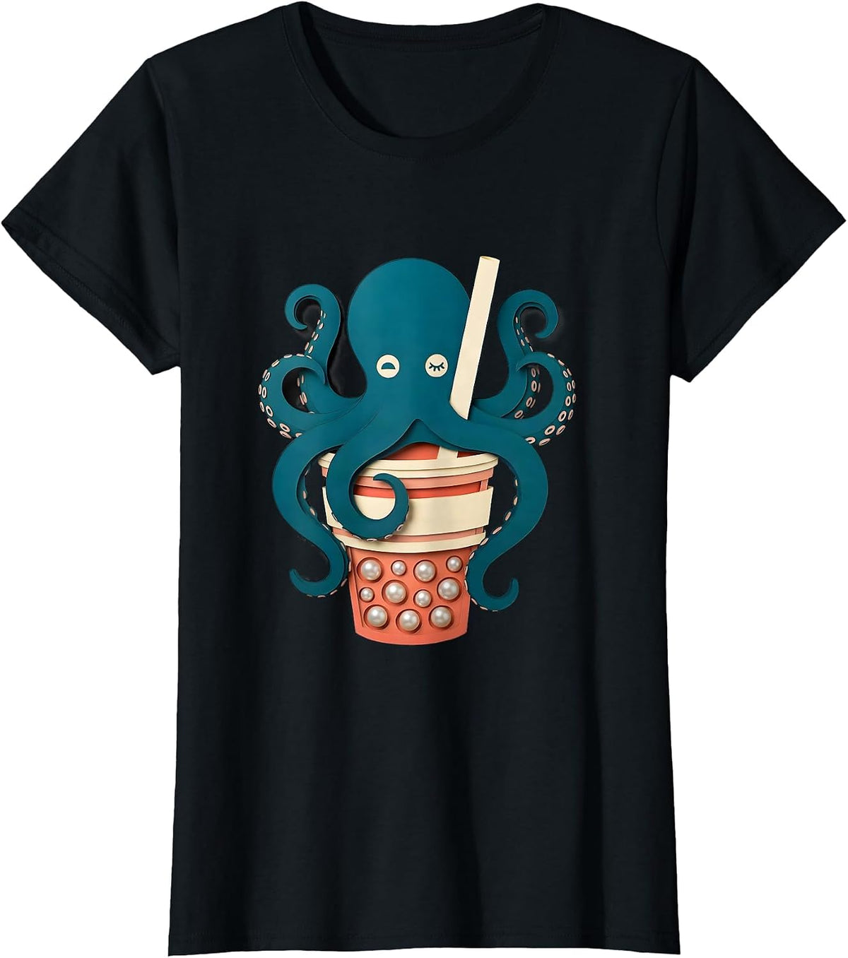 Sleepy Octopus Kawaii Boba Tea Lover T-Shirt - Black