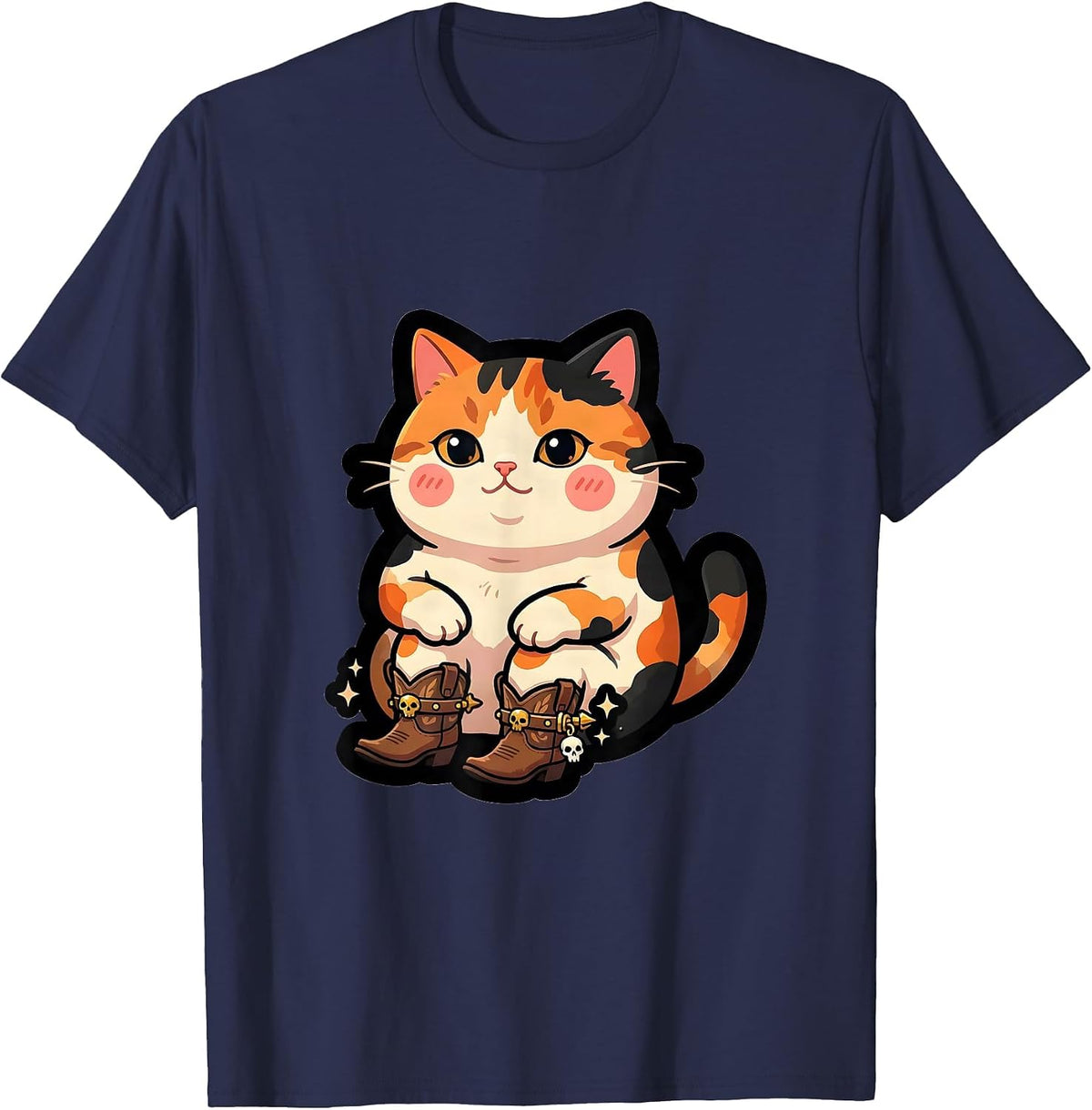 Men's Meowboys Calico Cat Cowboy Boots Spurs Porch T-Shirt - Navy Blue