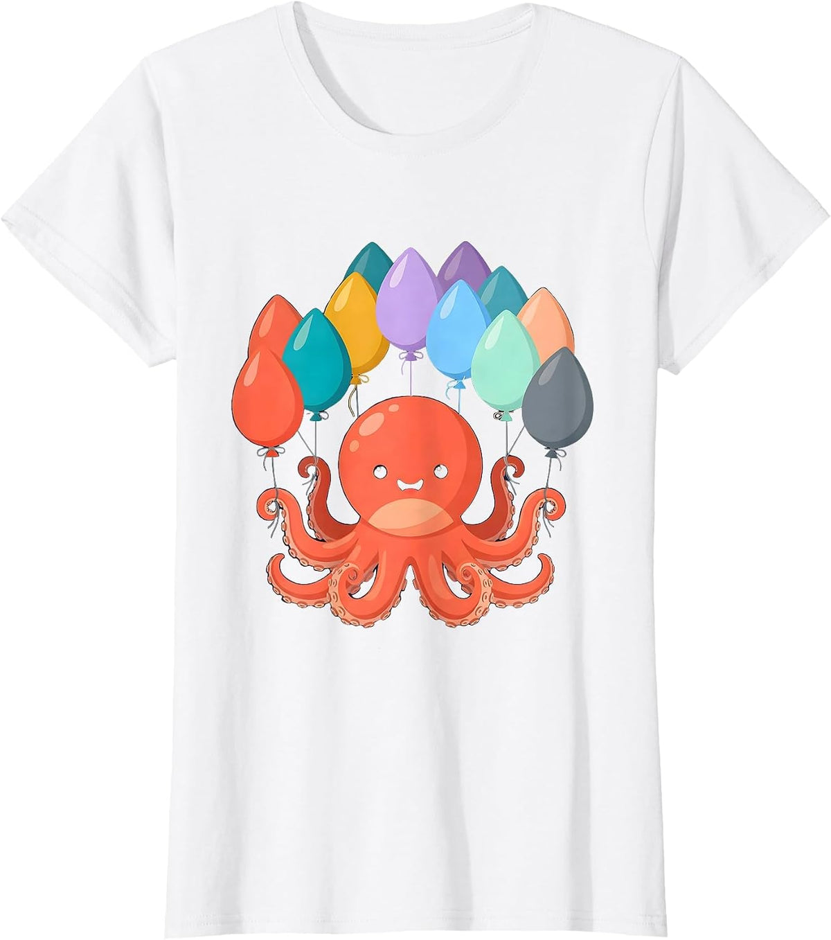 Octopus Birthday Balloon Celebration Graphic T-Shirt - White
