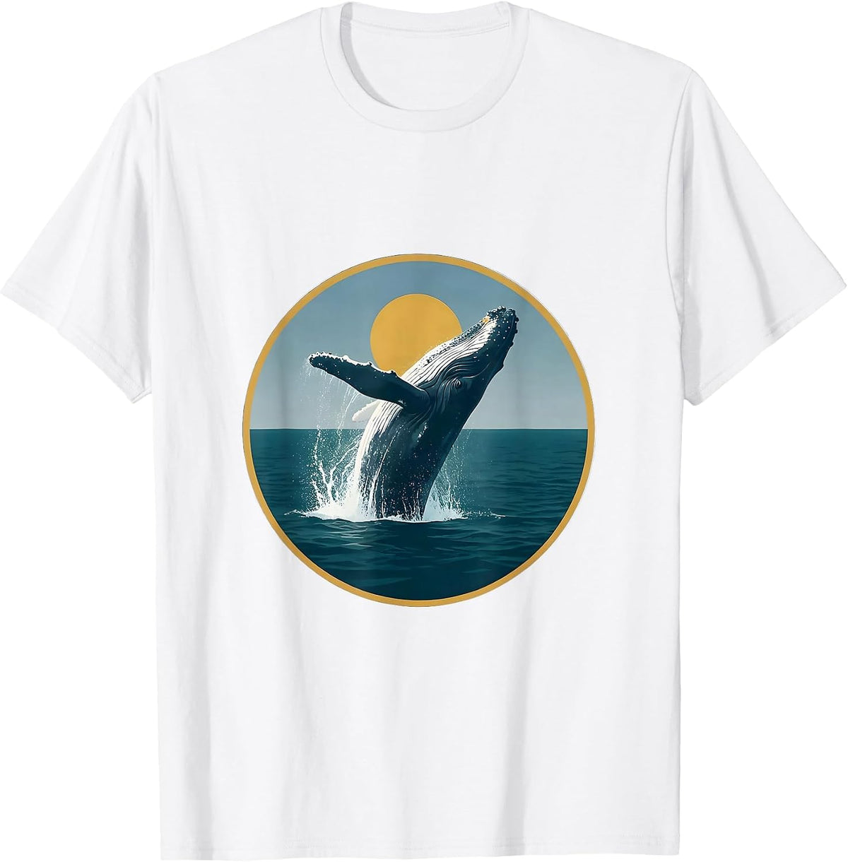 Whale Breaching Ocean Surface Sunlit Illustration T-Shirt - White