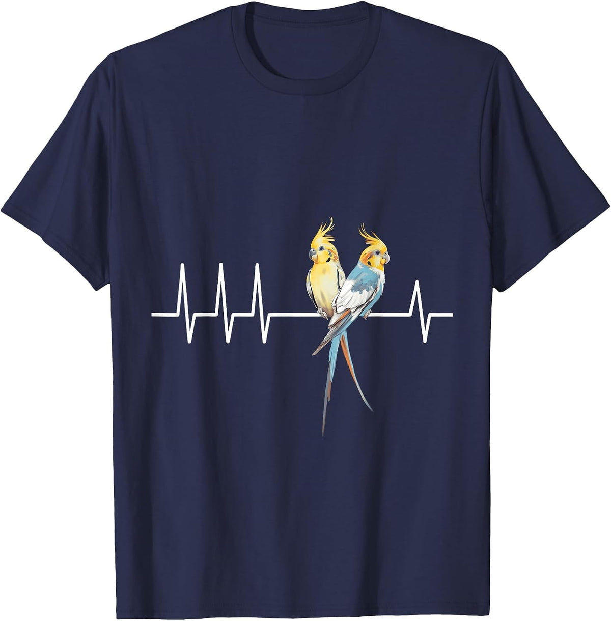 Cockatiel Birds on Heartbeat Line Vibrant Parrot Art Print T-Shirt - Navy Blue