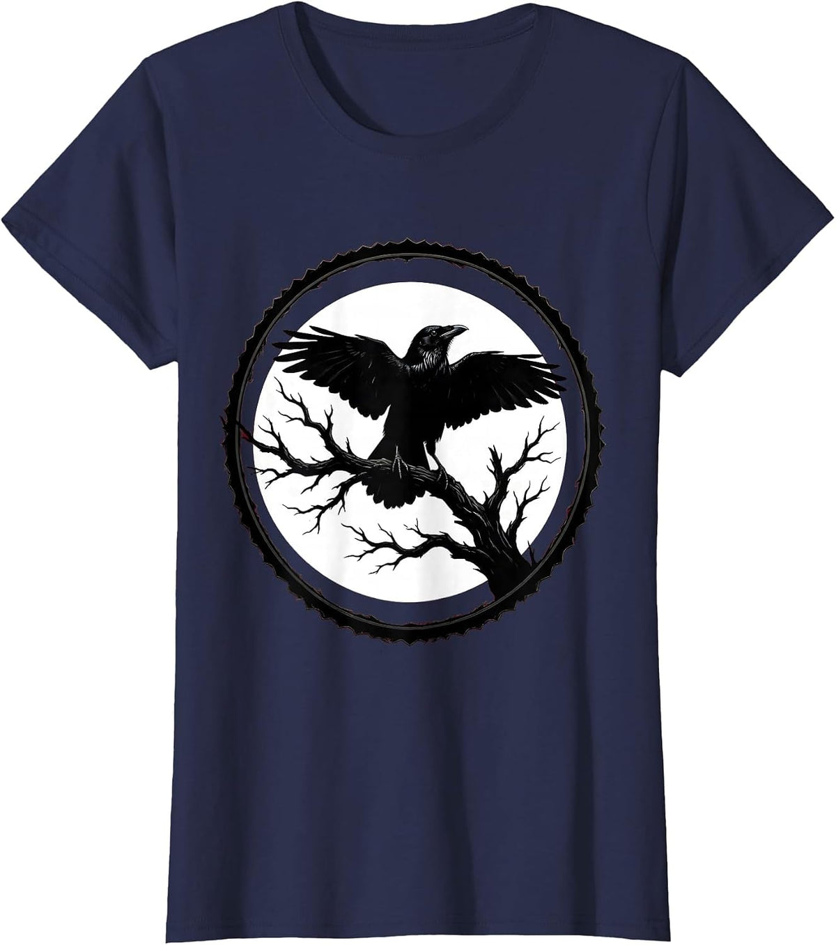 Women's Bold Crow Silhouette Blood Moon Graphic T-Shirt - Navy Blue