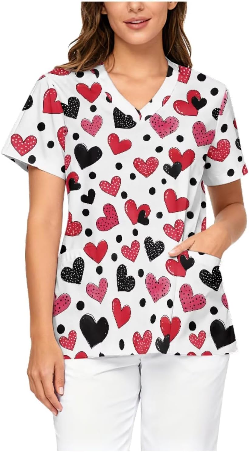 V Neck Scrub Tops Short Sleeve Nursing Uniforms - Heart