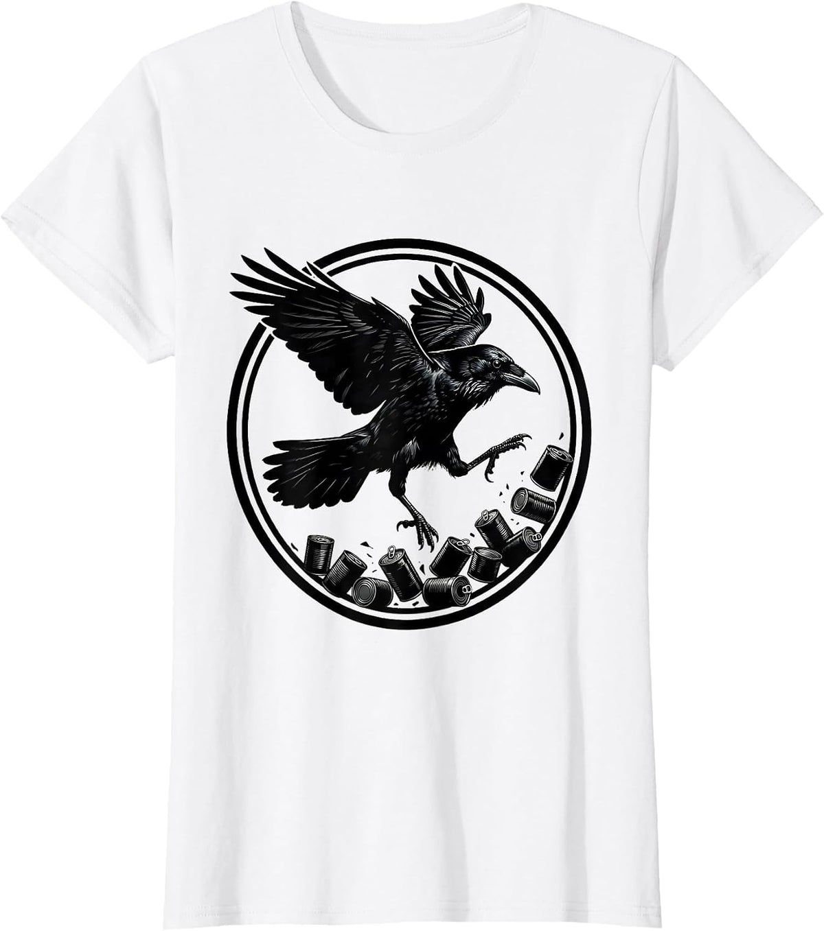 Crow Kicking Over Tin Cans Funny Bird Art T-Shirt - White