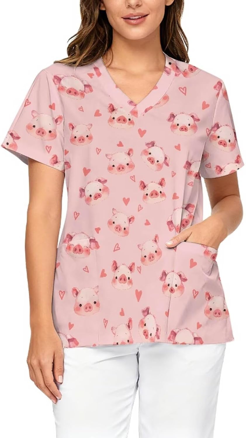 Scrub Tops for Women V Neck Nurse Workwear Uniforms 2 Pockets - Cute Pig Prints