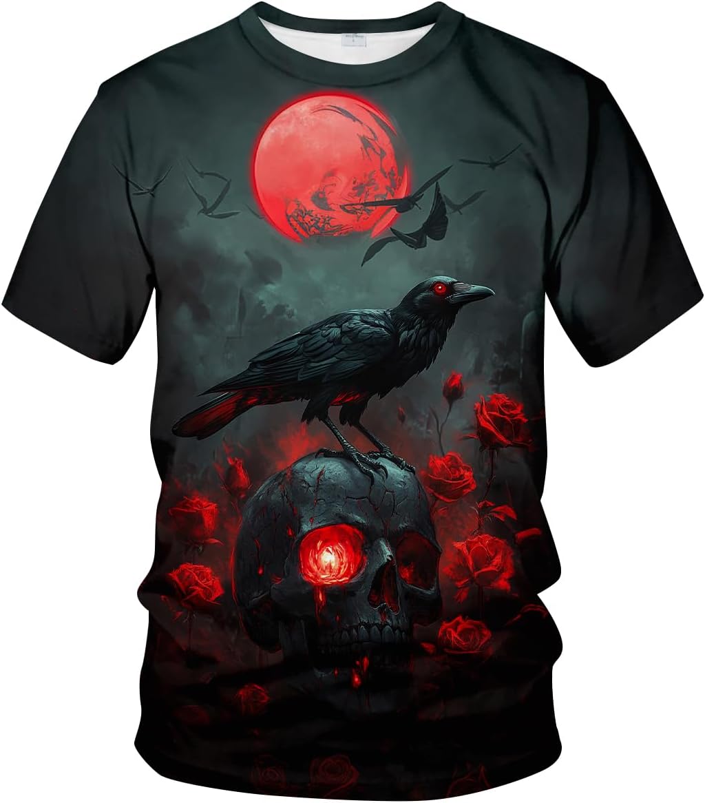 Novelty Men's Gothic Skull T-Shirt Dark Fantasy Graphic Tee Shirt - Black Red