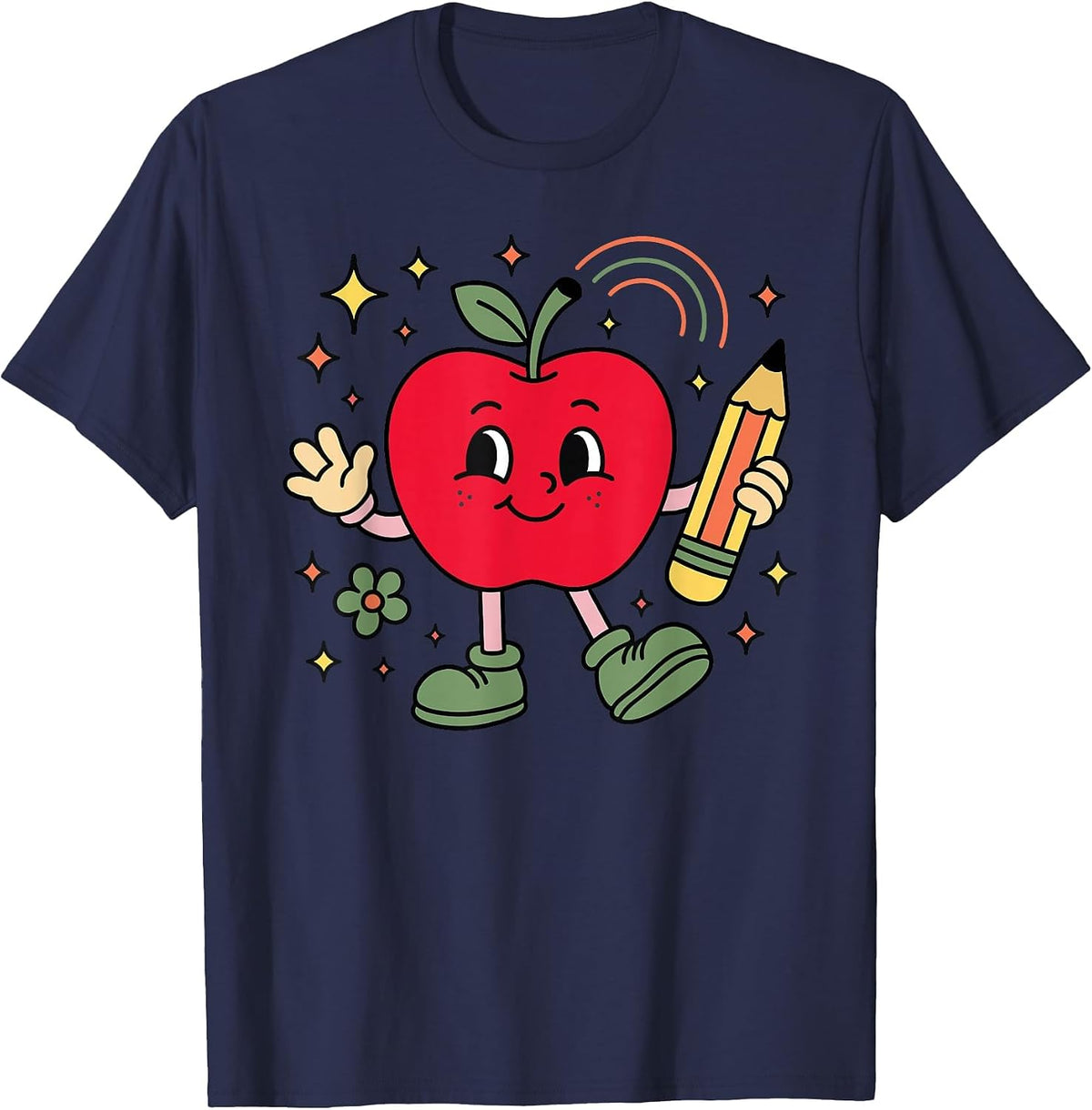 Retro School Apple with Face and Teacher’s Pencil T-Shirt - Navy Blue