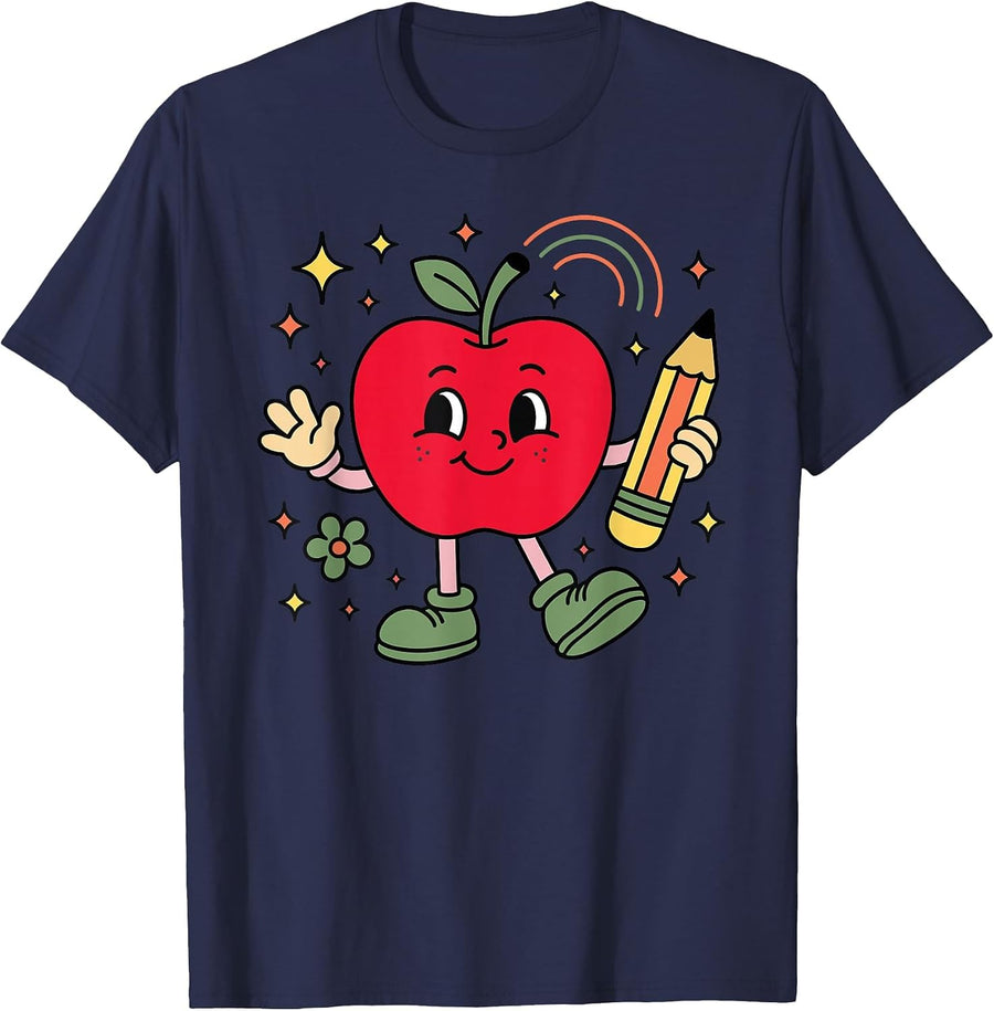 Retro School Apple with Face and Teacher’s Pencil T-Shirt - Navy Blue