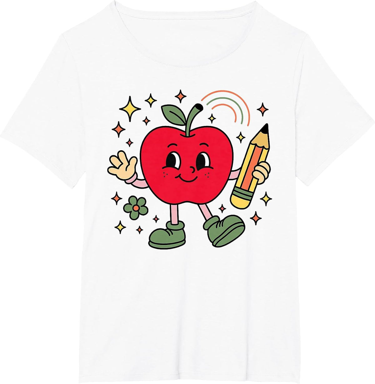 Retro School Apple with Face and Teacher’s Pencil T-Shirt - White