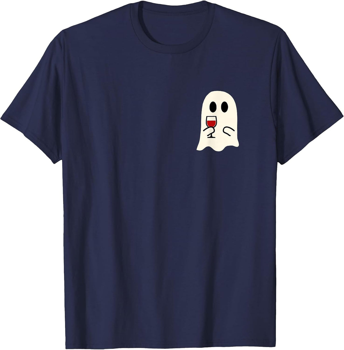 Cute Little Ghost Red Wine Glass Halloween T-Shirt - Navy Blue