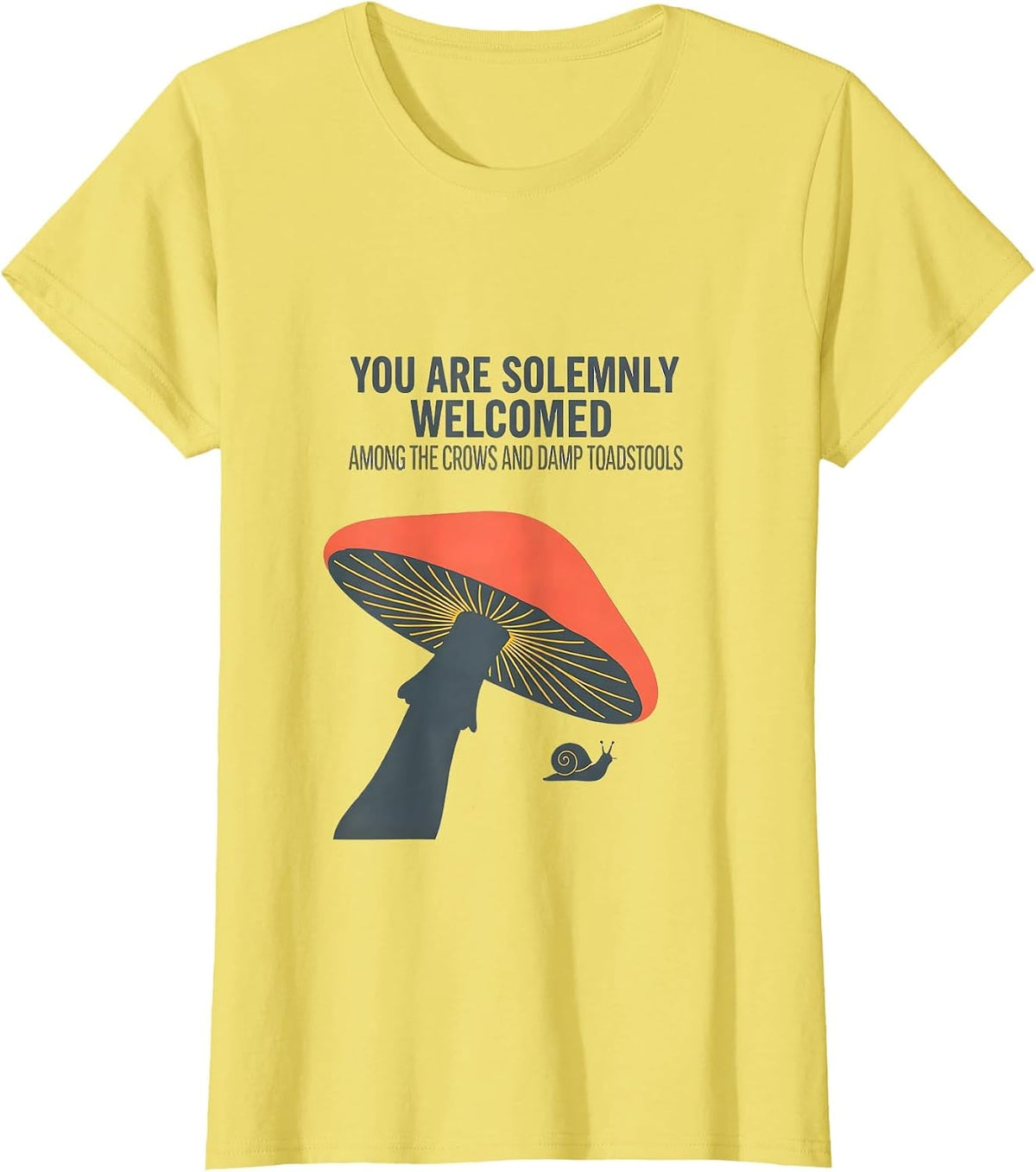 You Are Solemnly Welcomed Crow Mushroom Gothic Whimsy T-Shirt - Lemon Yellow