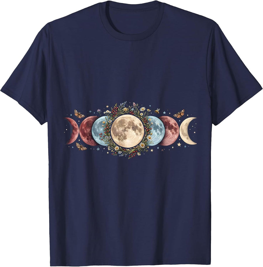 Patriotic Moon Phases Red White Blue Illustration T-Shirt - Navy Blue