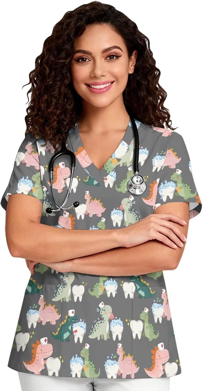 PinUp Angel Women's Cute Funny Graphic Scrub Top V-Neck Short Sleeve with Pockets Lightweight Workwear for Nurses - Dinosaur