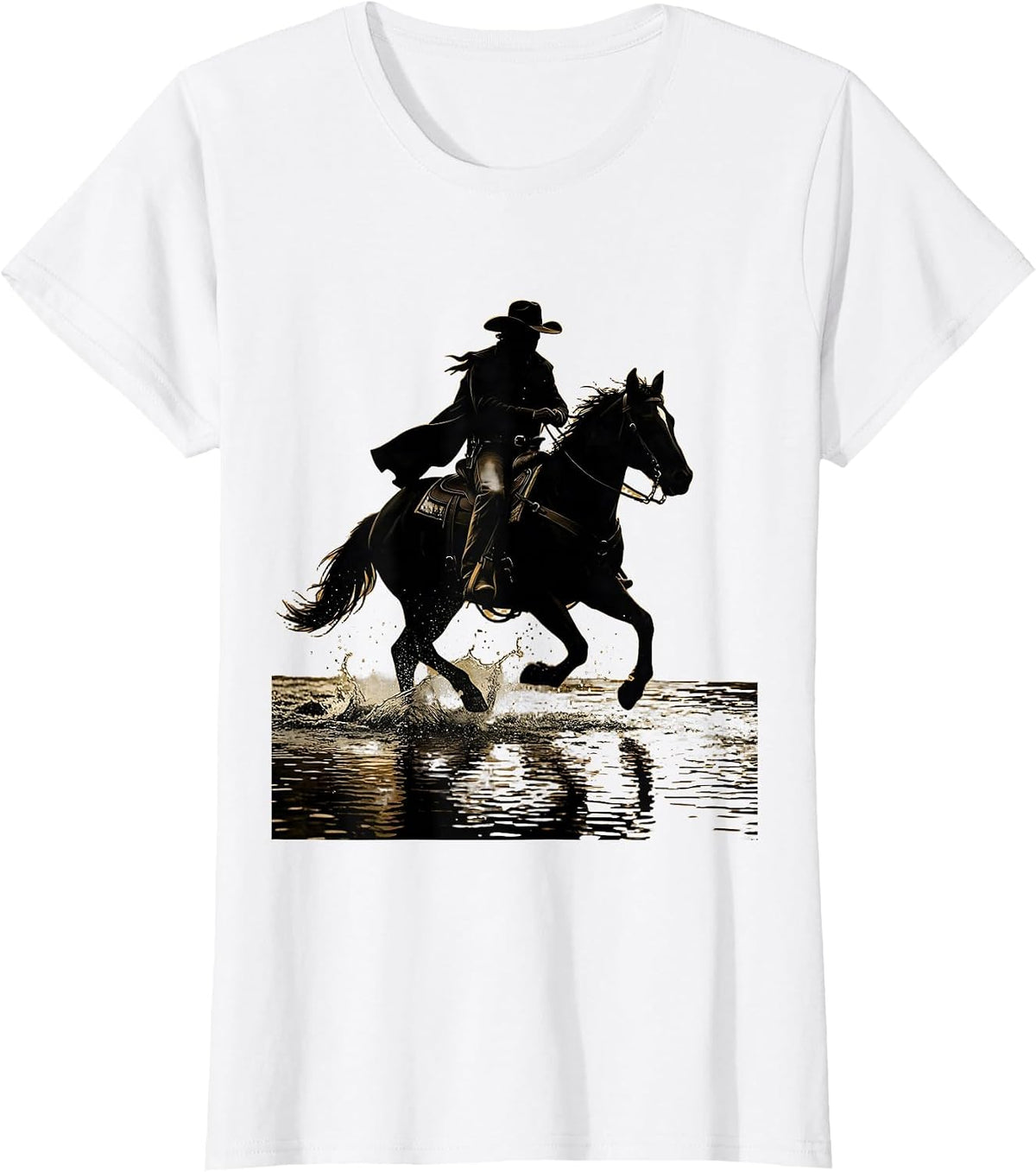 Cowboy Riding Horse Through River Crossing T-Shirt - White