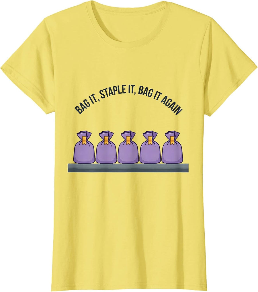 Women's Bag It, Staple It, Bag It Again Funny Pharmacy Tech T-Shirt - Lemon Yellow
