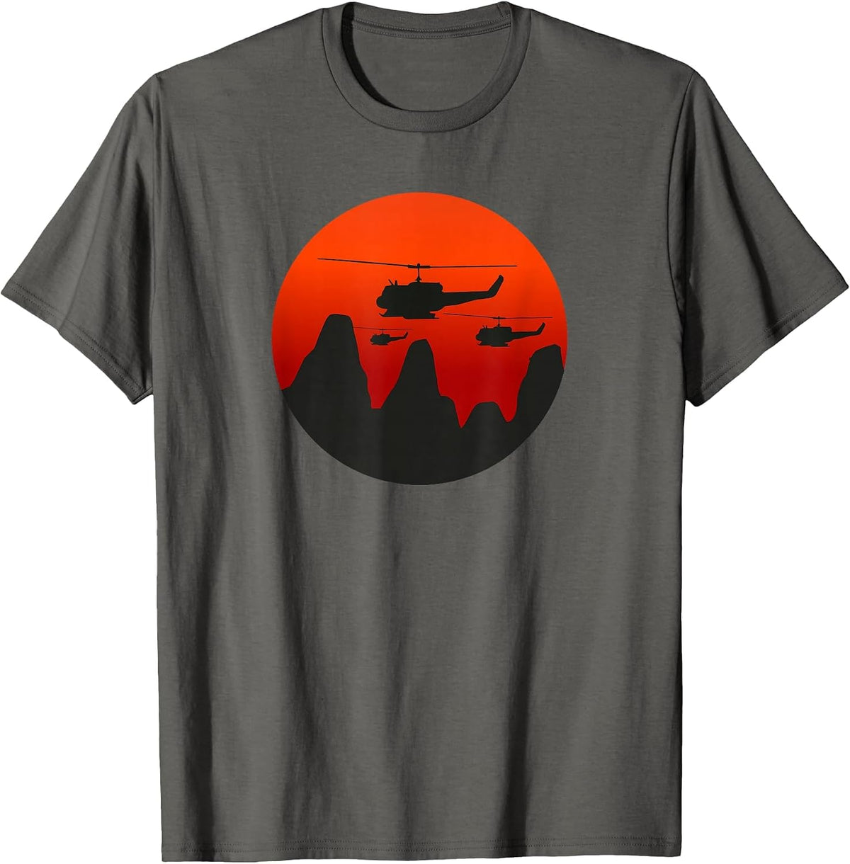 UH-1 Huey Retro Helicopter Vintage Sunset Vietnam Chopper T-Shirt - Asphalt Grey