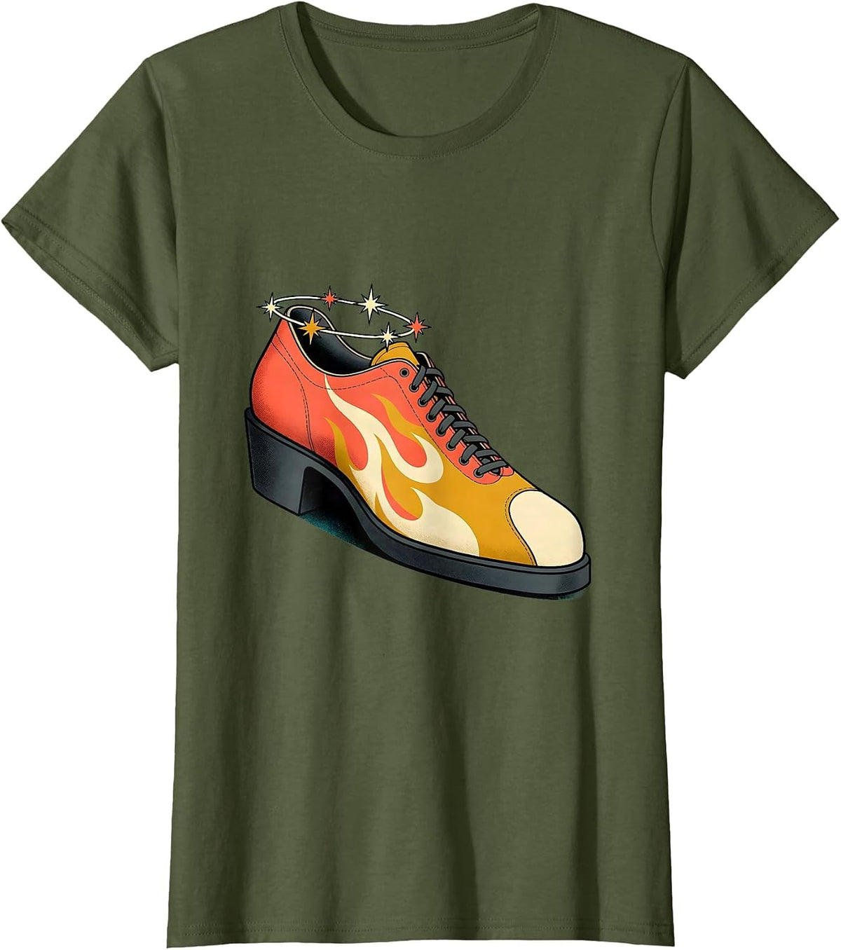 Women's Vintage Flame Bowling Shoe Graphic Tee T-Shirt - Olive Green