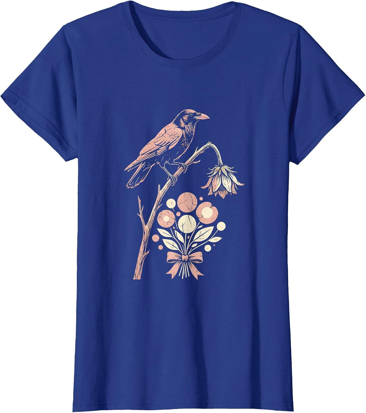 Women's Crow on Dead Flower Stem Gothic Nature Art T-Shirt - Royal Blue