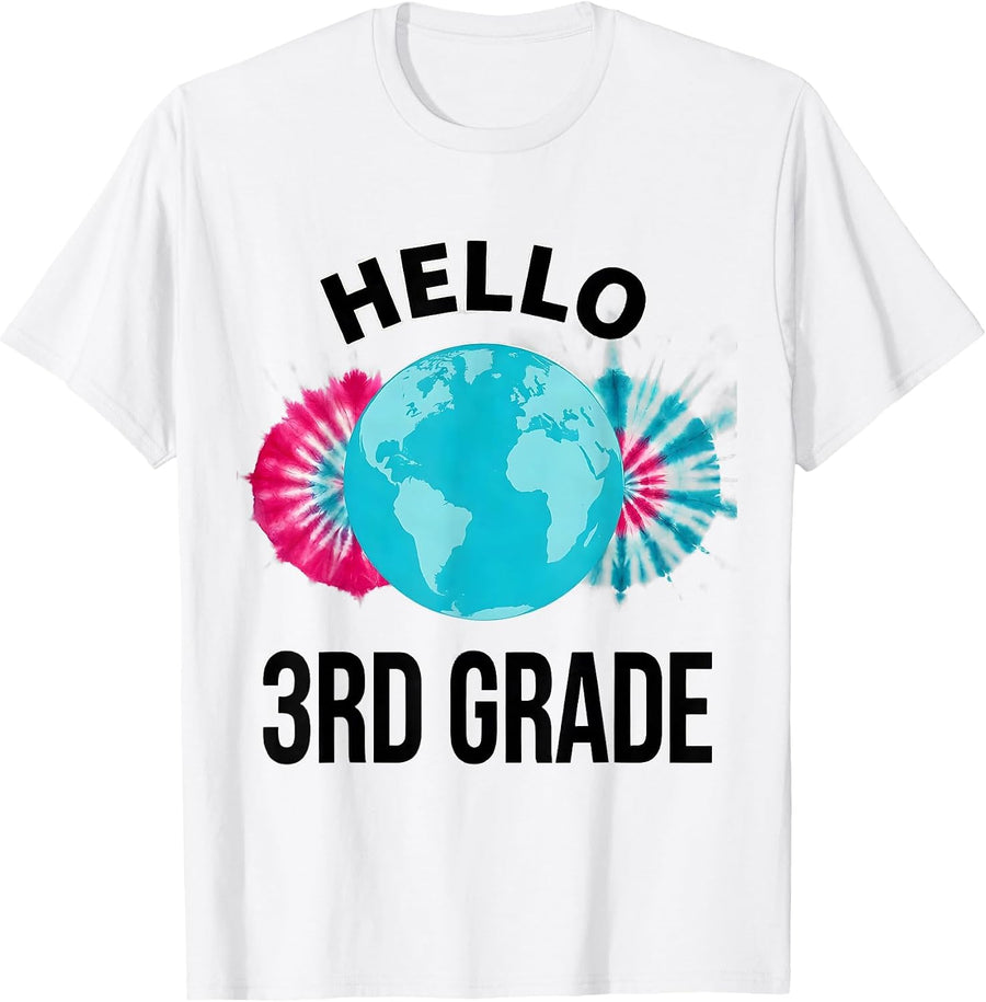 Men's Hello 3rd Grade Tie Dye Back to School Grade Level Team T-Shirt - White