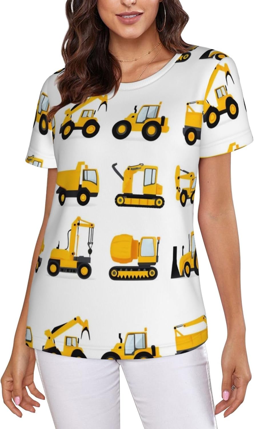 Women's Summer Crew Neck Tops Short Sleeve Full Print Casual Loose Tee - Picture (44)