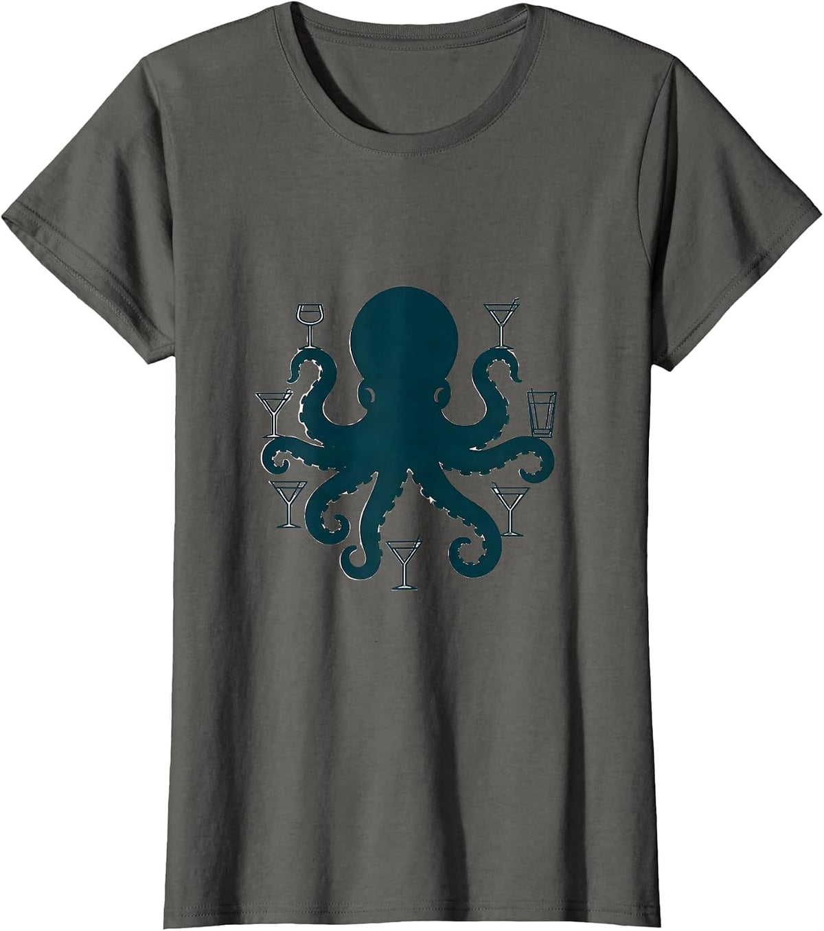 Women's Octopus Bartender Juggling Cocktail Glasses T-Shirt - Asphalt Grey