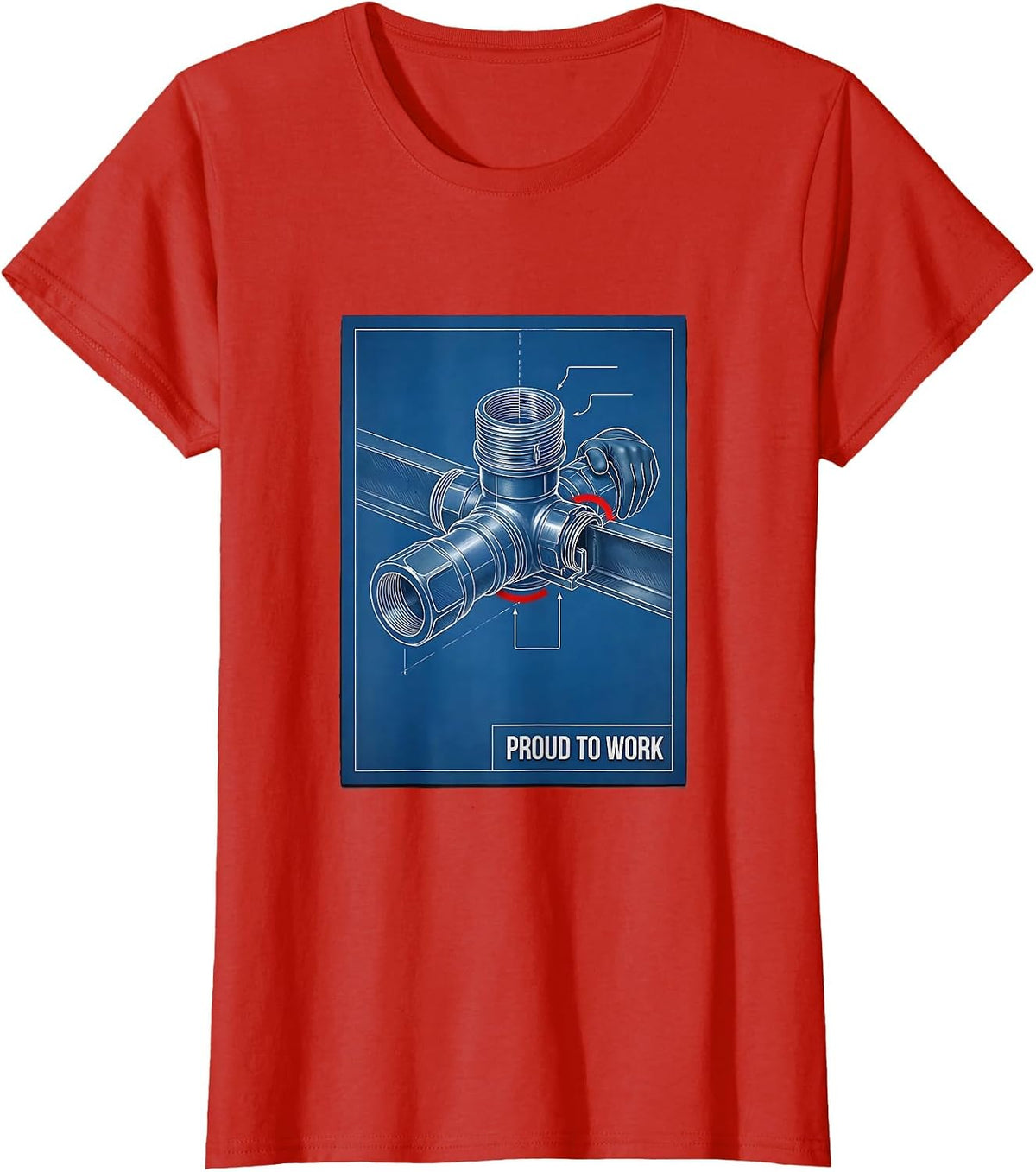 Proud To Work Technical Blueprint Labor Day Union Worker T-Shirt - Red