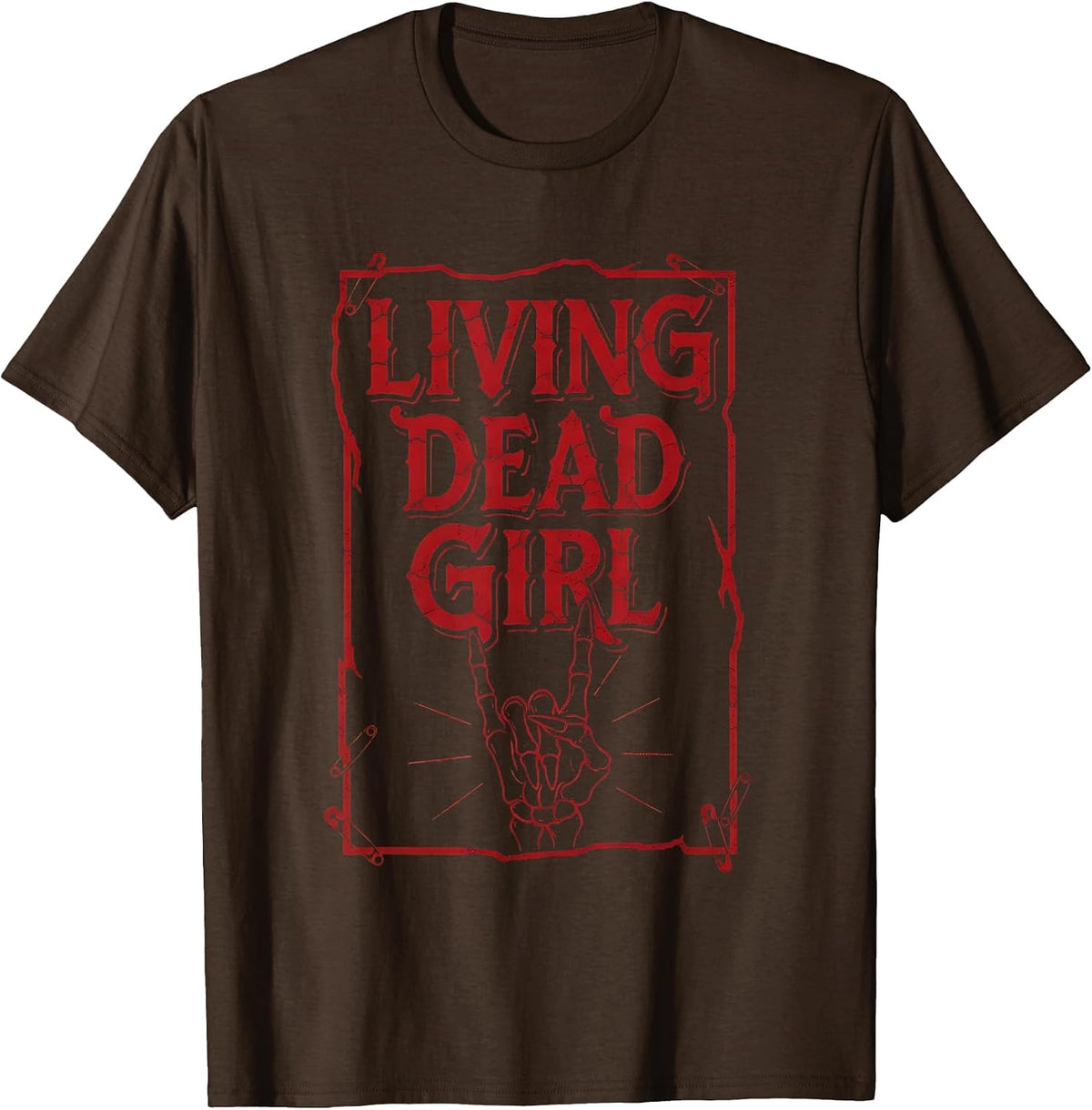 Living Dead Girl Vintage Retro Rock N Roll Zombie Design T-Shirt - Brown