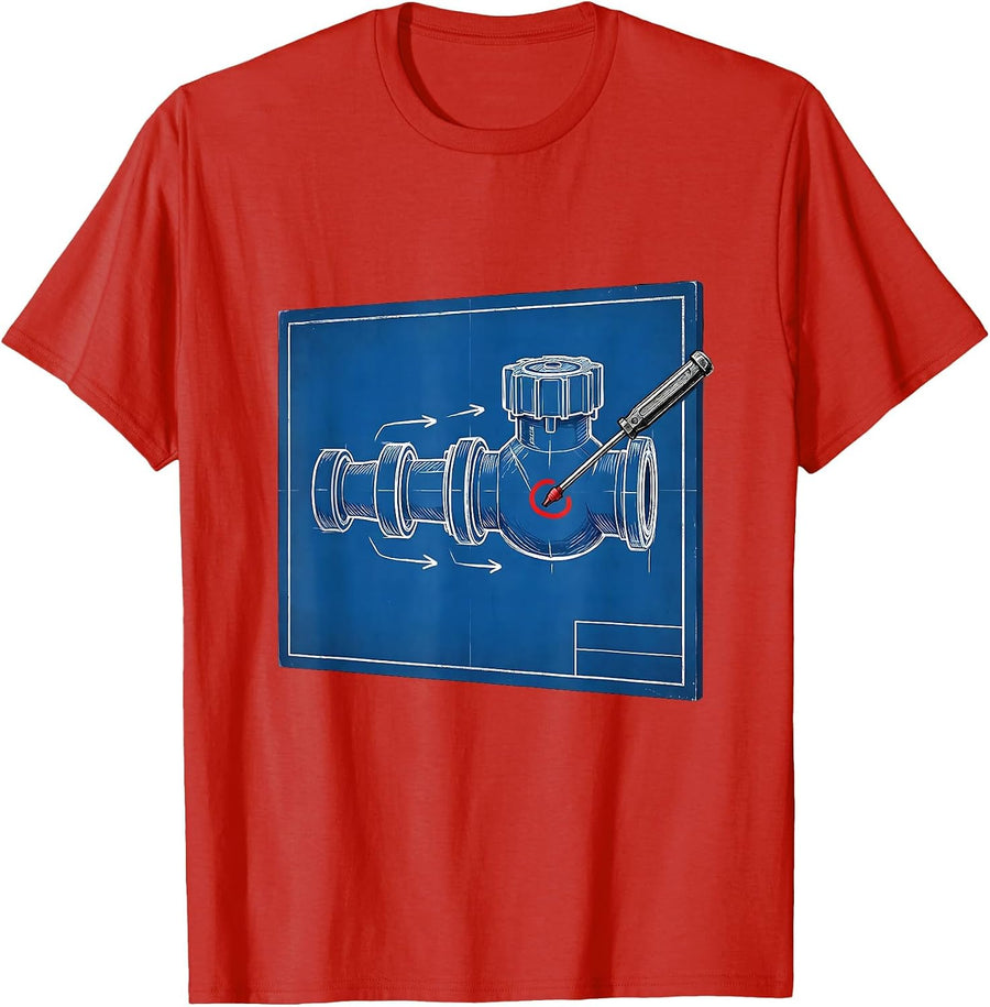 Men's Blueprint Water Meter Plumbing Gag Gift T-Shirt - Red