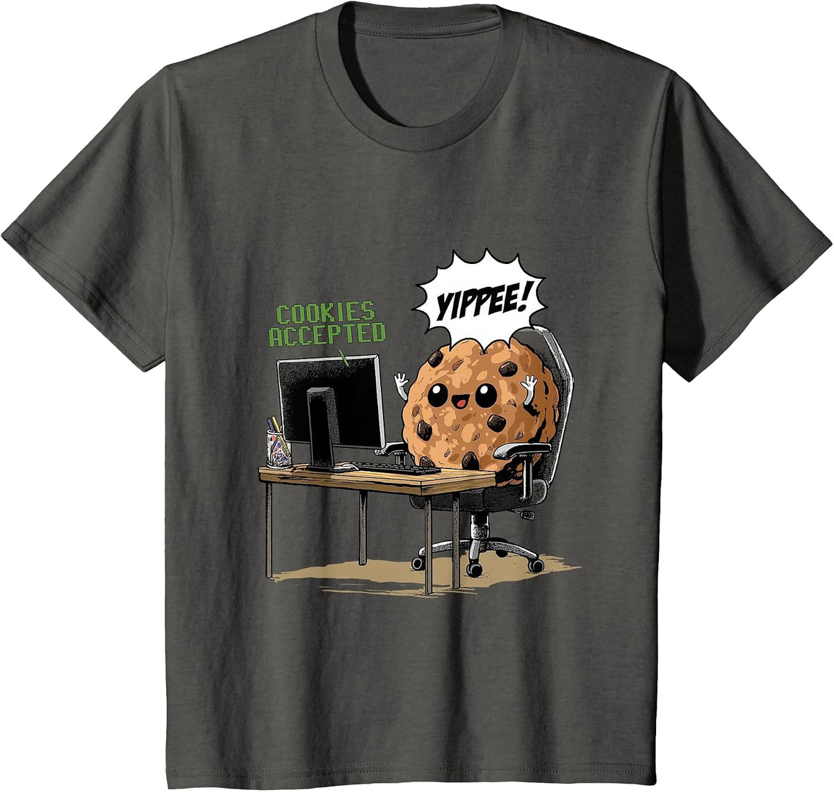 Cookies Accepted Nerd Shirt Funny Computer Internet Coder T-Shirt, Youth, Asphalt Grey, Medium - As Pictured
