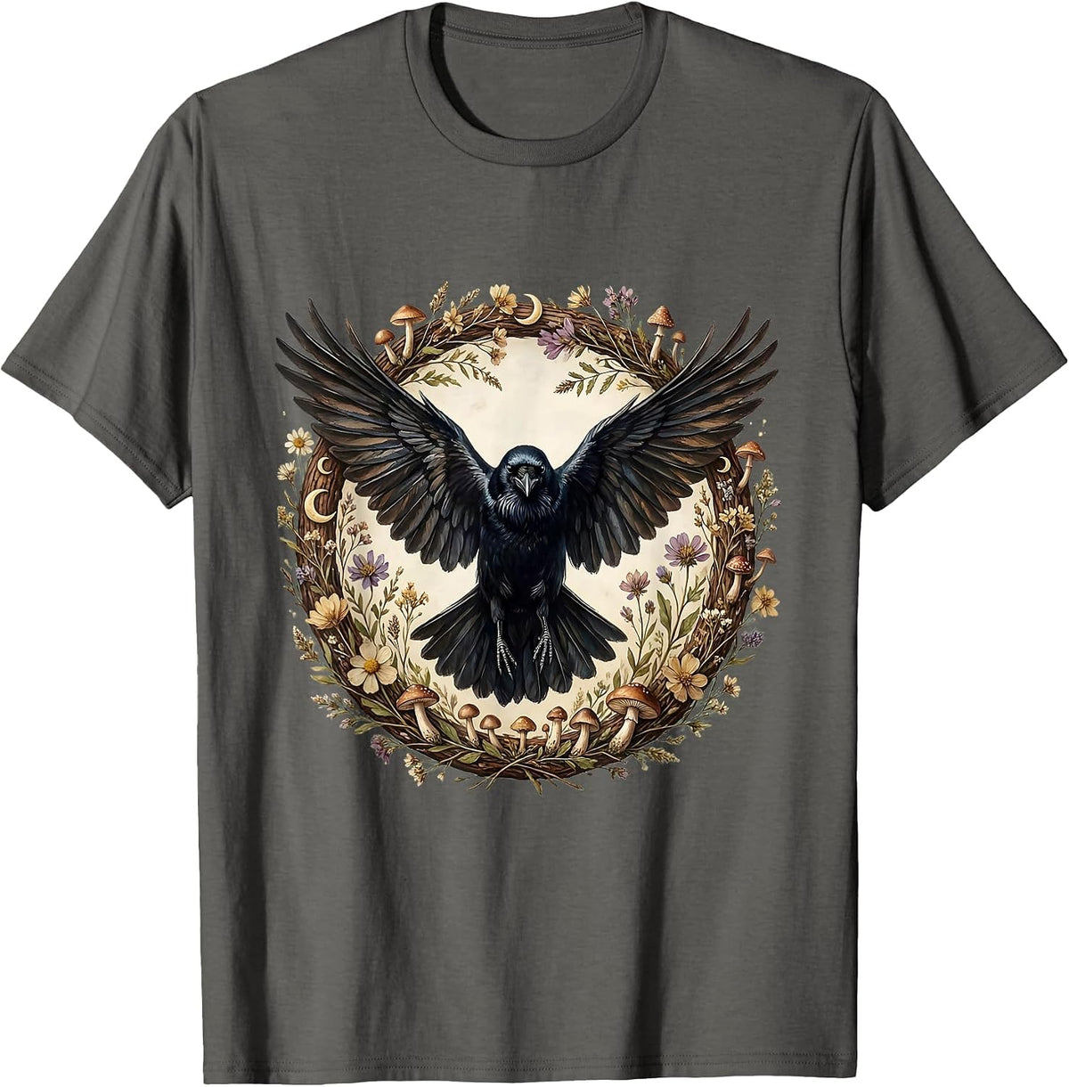 Crow in Flight Spread Wings Bird Art T-Shirt - Asphalt Grey