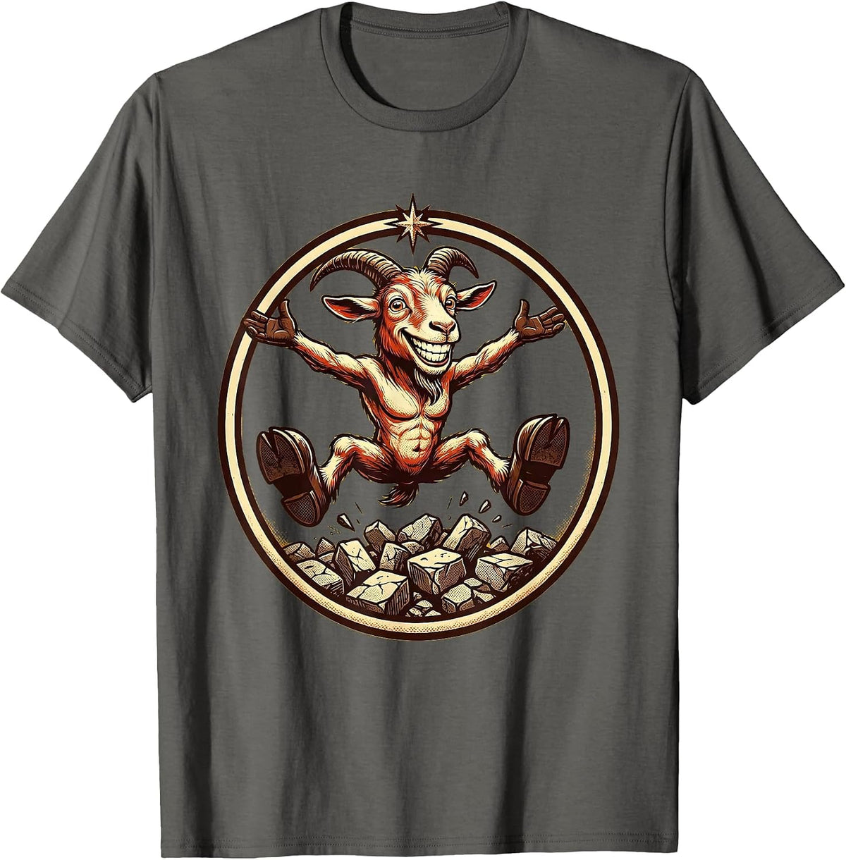 Goat Mid-Leap Over Crumbling Stone Wall T-Shirt - Asphalt Grey
