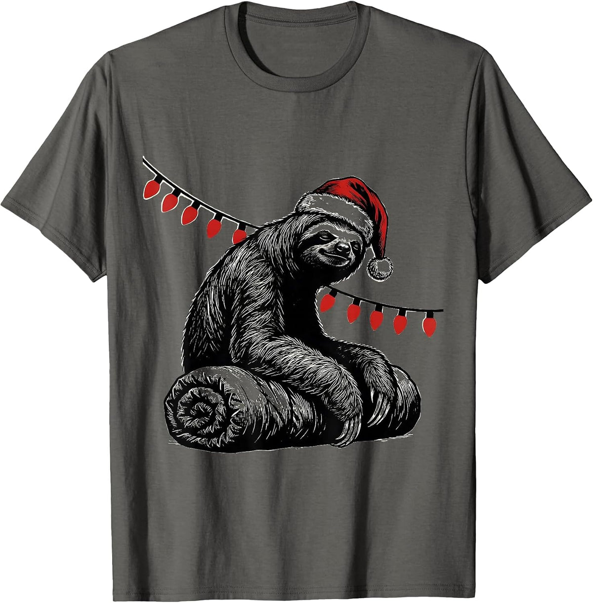 Men's Sloth Sleeping Bag Santa Hat Funny Christmas Lights T-Shirt - Asphalt Grey