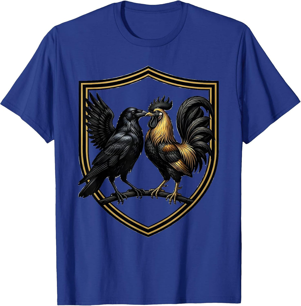 Men's Crow and Rooster Face Off Graphic Design T-Shirt - Royal Blue