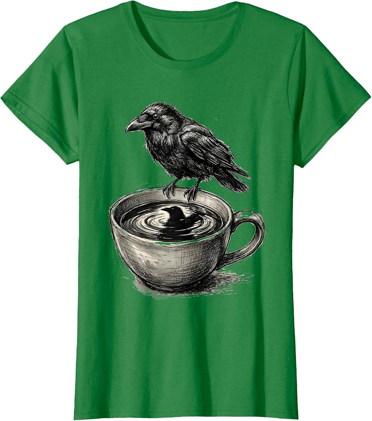 Women's Crow Reflection Dark Coffee Surface Illustration T-Shirt - Kelly Green