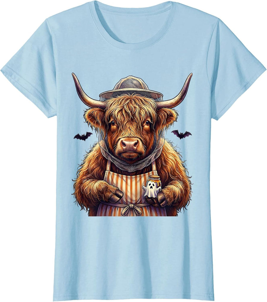 Women's Shaggy Highland Cow Haunted Beekeeper Costume Halloween T-Shirt - Baby Blue