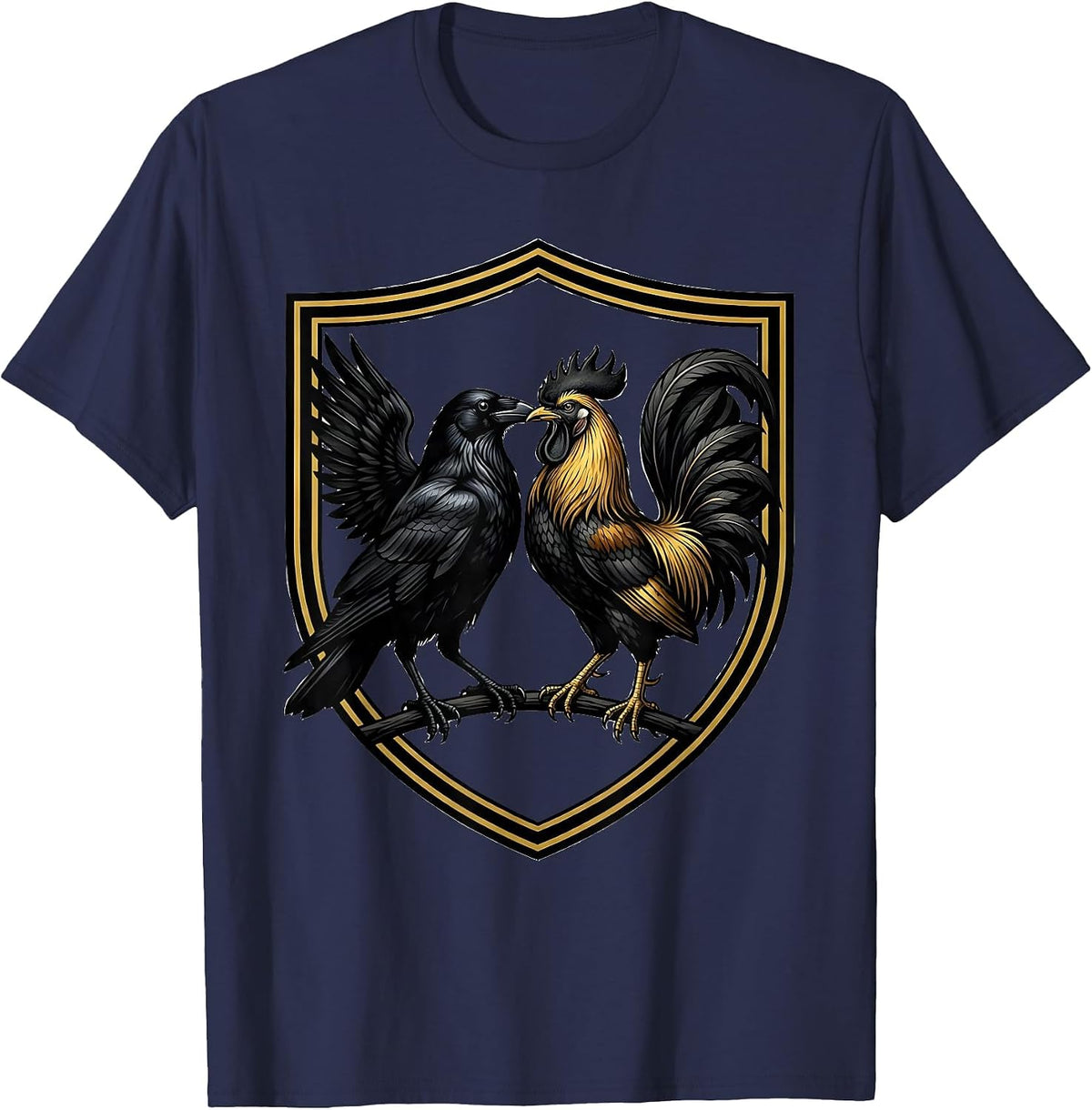 Men's Crow and Rooster Face Off Graphic Design T-Shirt - Navy Blue