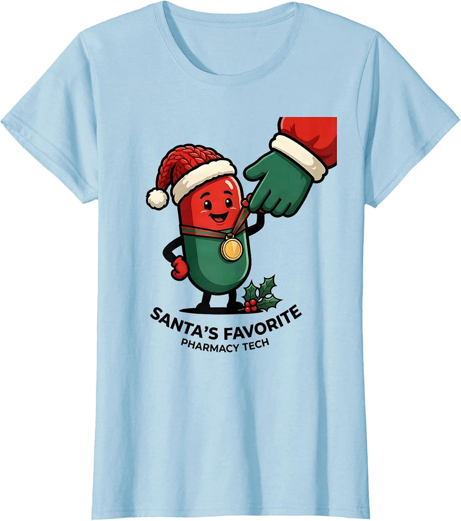 Women's Santa's Favorite Pharmacy Tech Funny Christmas Pharmacist T-Shirt - Baby Blue