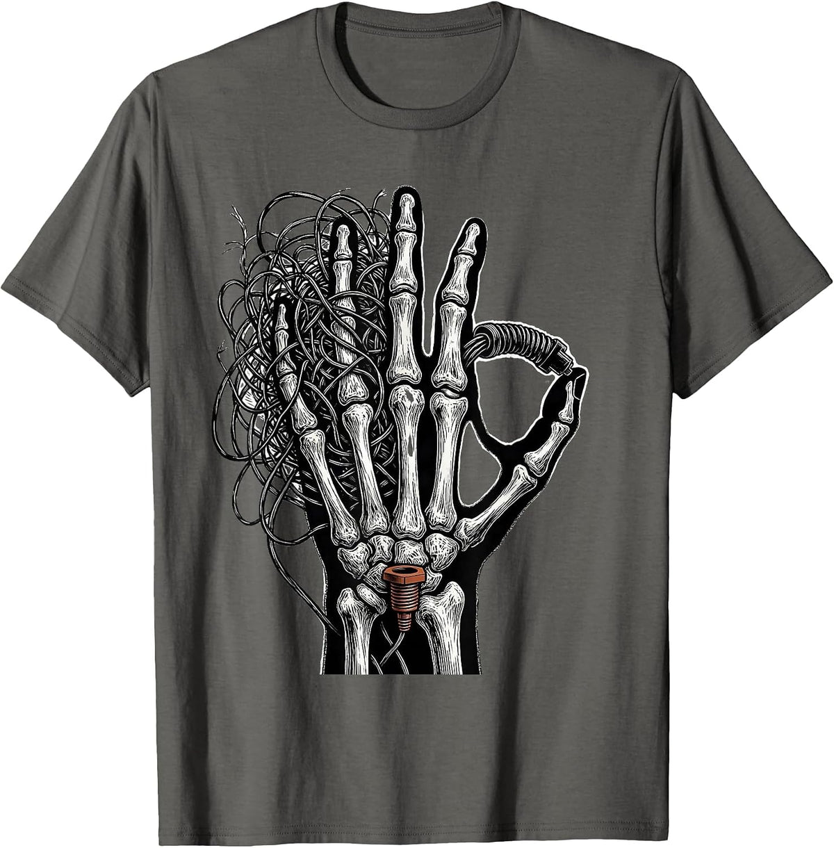 Men's Conductors Grounded Electrician Trade Skeleton Humor T-Shirt - Asphalt Grey