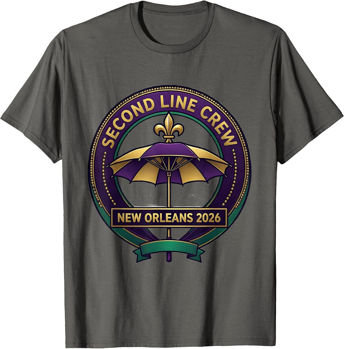 Second Line Crew New Orleans 2026 Mardi Gras Carnival Party T-Shirt - Asphalt Grey