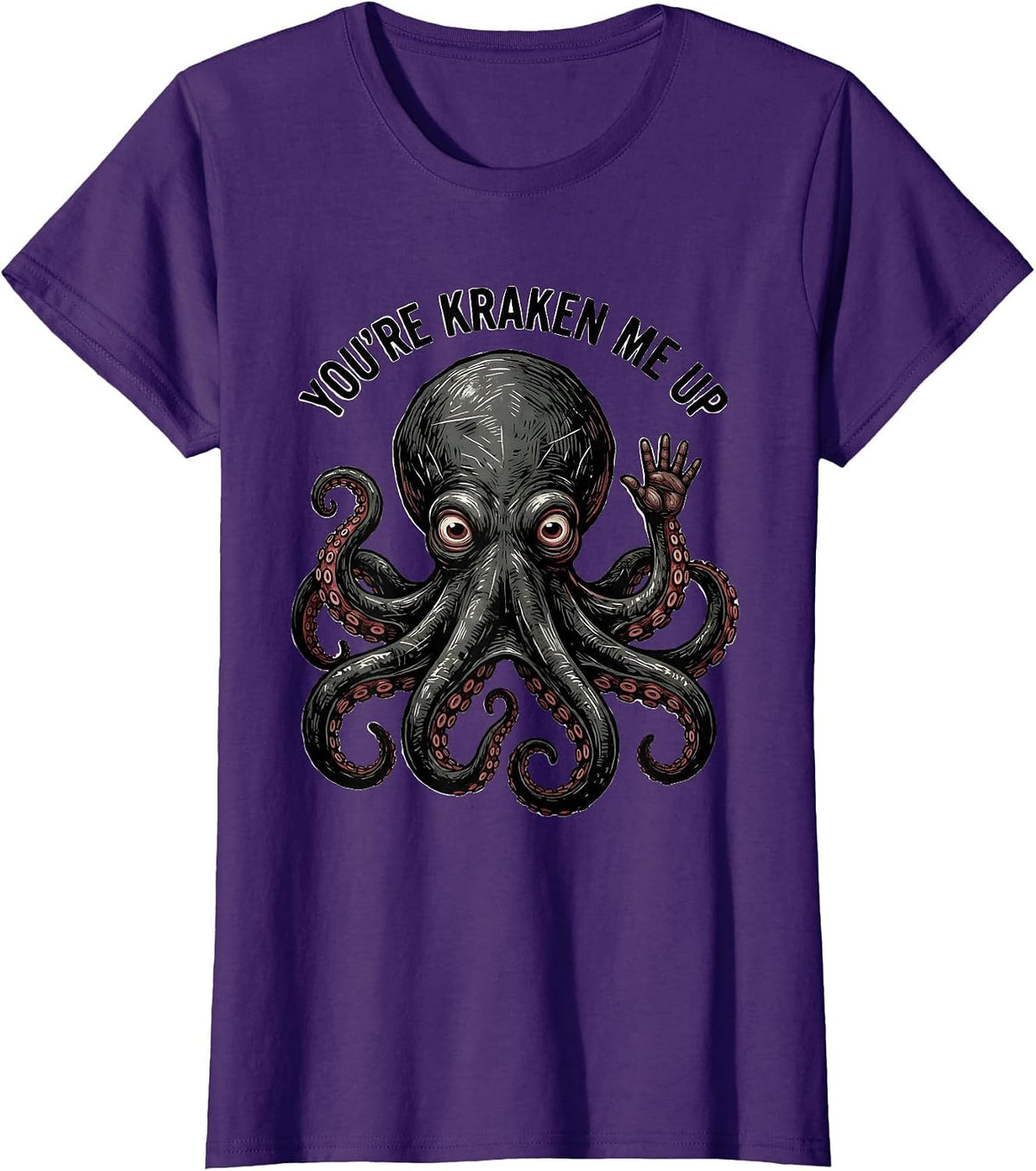 Women's You're Kraken Me Up Playful Linocut Octopus Lover Gift T-Shirt - Purple