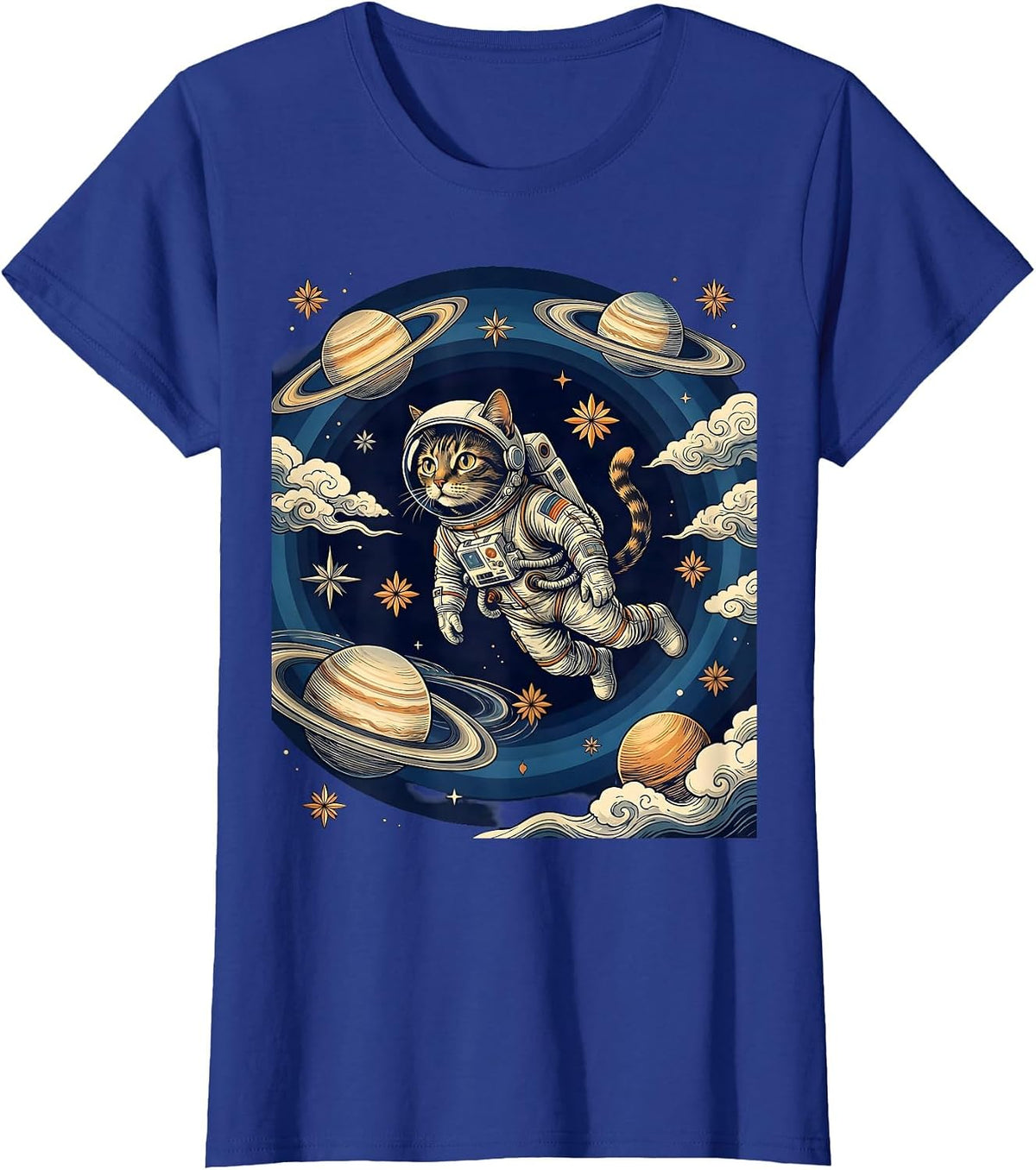 Women's Cat Astronaut Floating in Outer Space Illustration T-Shirt - Royal Blue