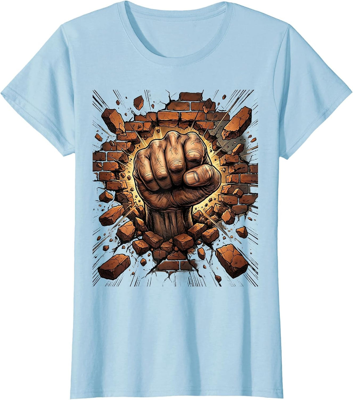 Grunge Fist Through Brick Wall Graphic Tee T-Shirt - Baby Blue