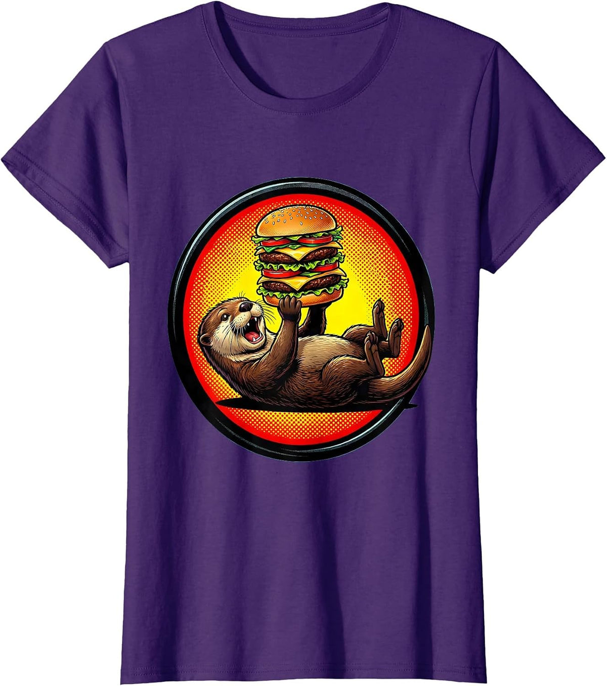 Women's Otter Floating and Eating Hamburger Funny Design T-Shirt - Purple