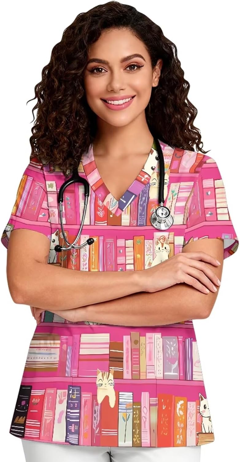 PinUp Angel Women's Cute Funny Graphic Scrub Top V-Neck Short Sleeve with Pockets Lightweight Workwear for Nurses - Cute