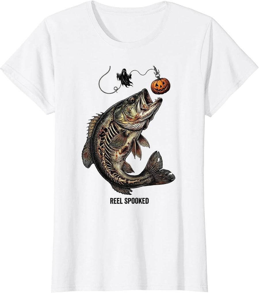Women's Reel Spooked Vintage Scientific Halloween Undead Fishing T-Shirt - White