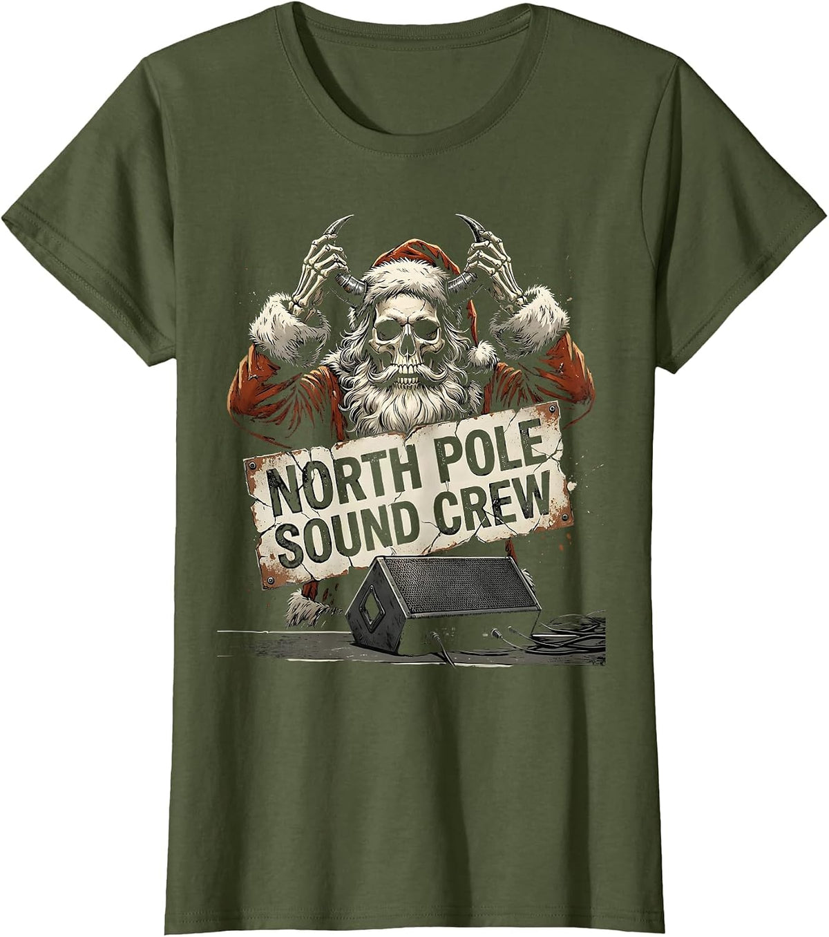 Women's North Pole Sound Crew Distressed Heavy Metal Santa Parody T-Shirt - Olive Green