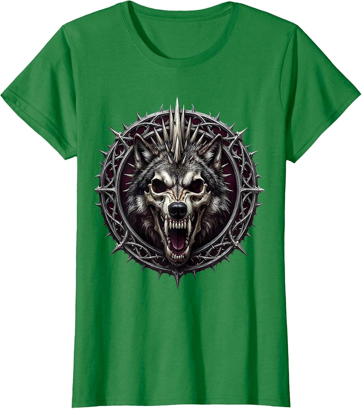 Women's Grunge Wolf Skull Mohawk Snarl Graphic T-Shirt - Kelly Green