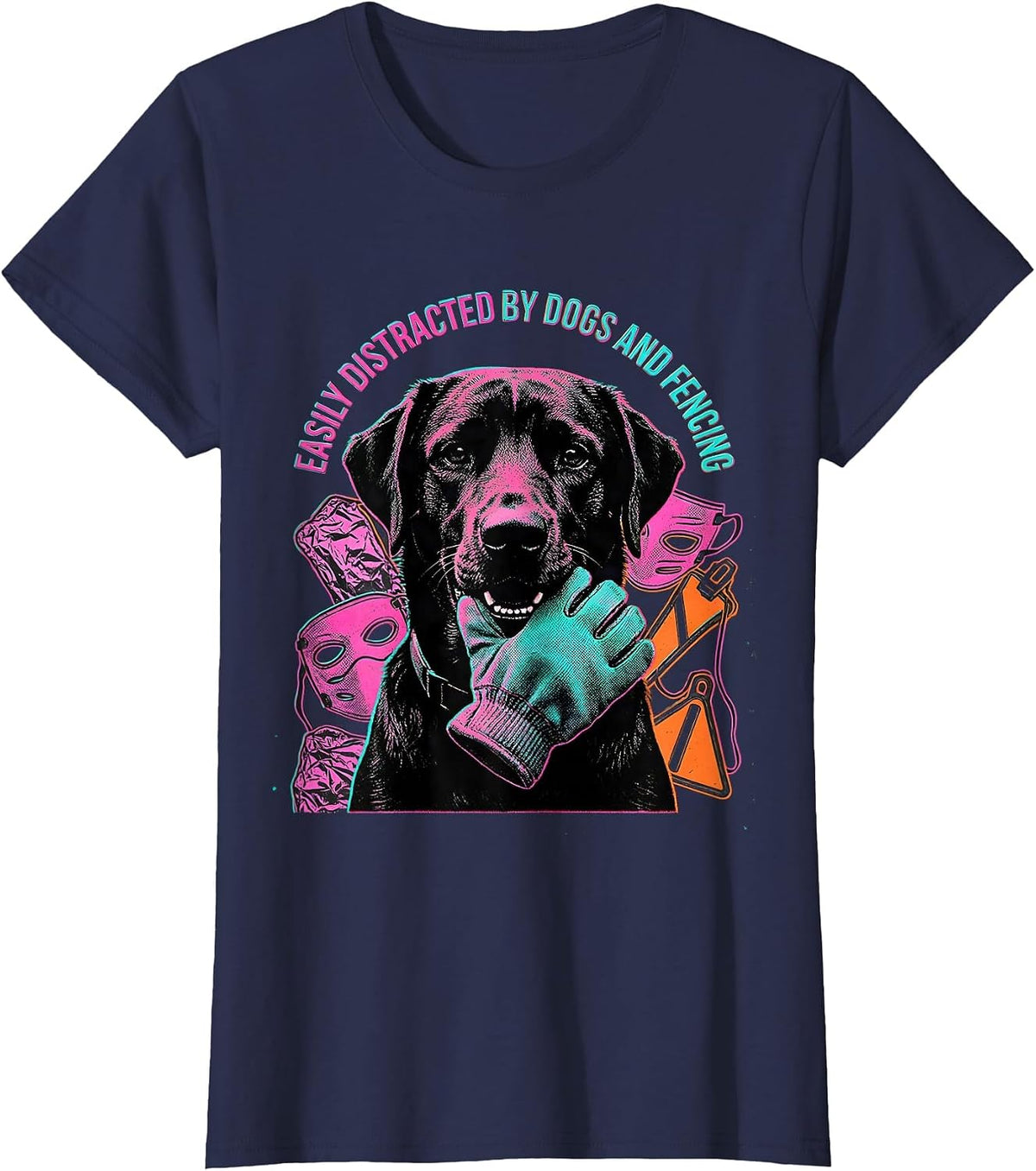 Women's Easily Distracted By Dogs And Fencing Funny Dog Lover Humor T-Shirt - Navy Blue