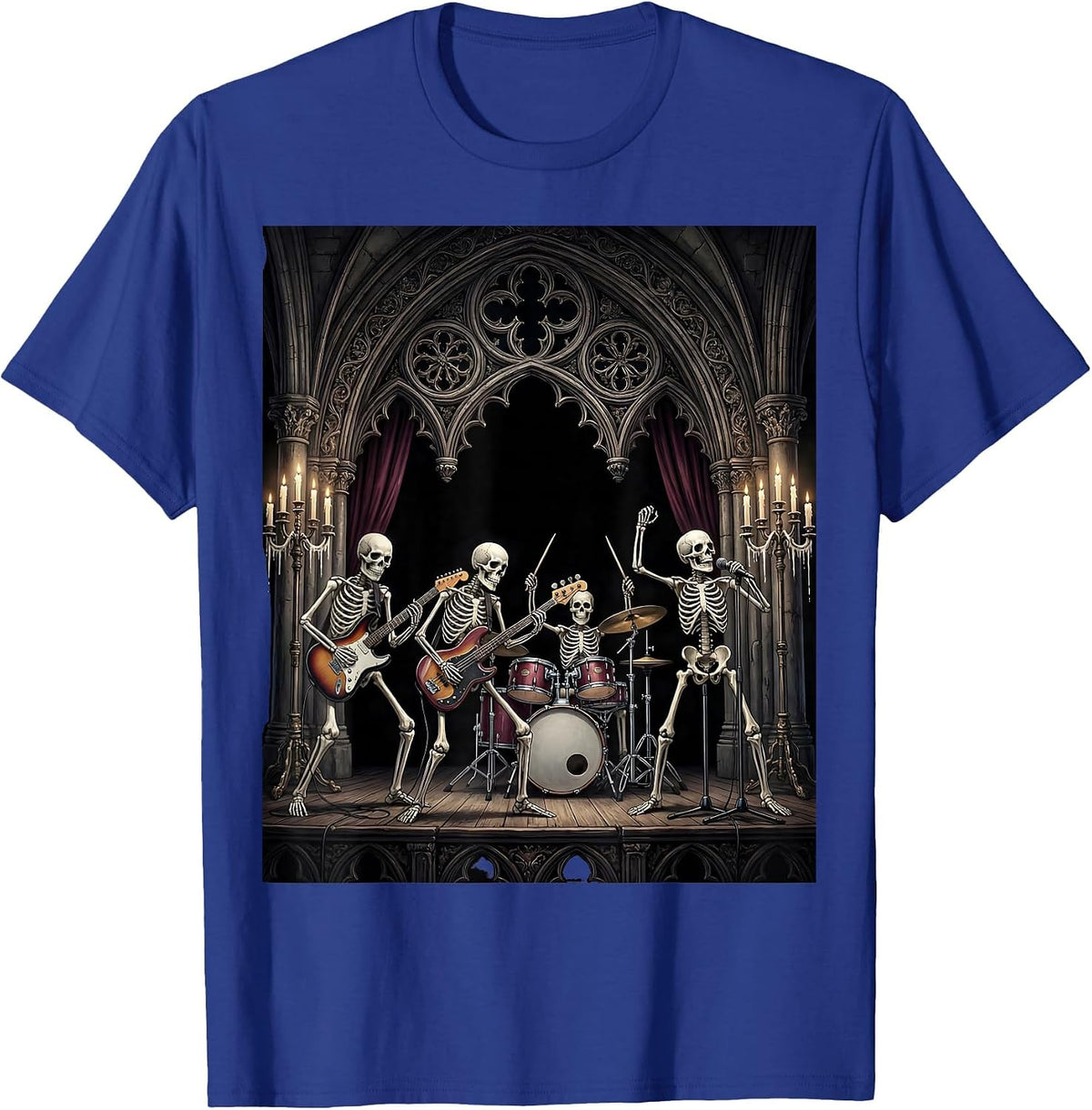 Skeleton Band Performing on Stage Metal Graphic T-Shirt - Royal Blue